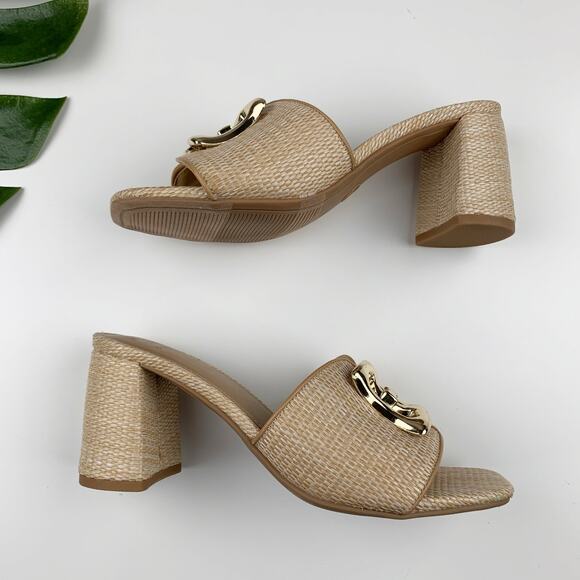 A New Day Arden Sandals Tan Raffia Ornamented Block Heels Women's 6.5 - Picture 7 of 10